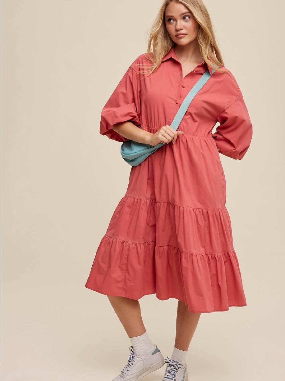 Rose Tiered Poplin Shirt Dress
